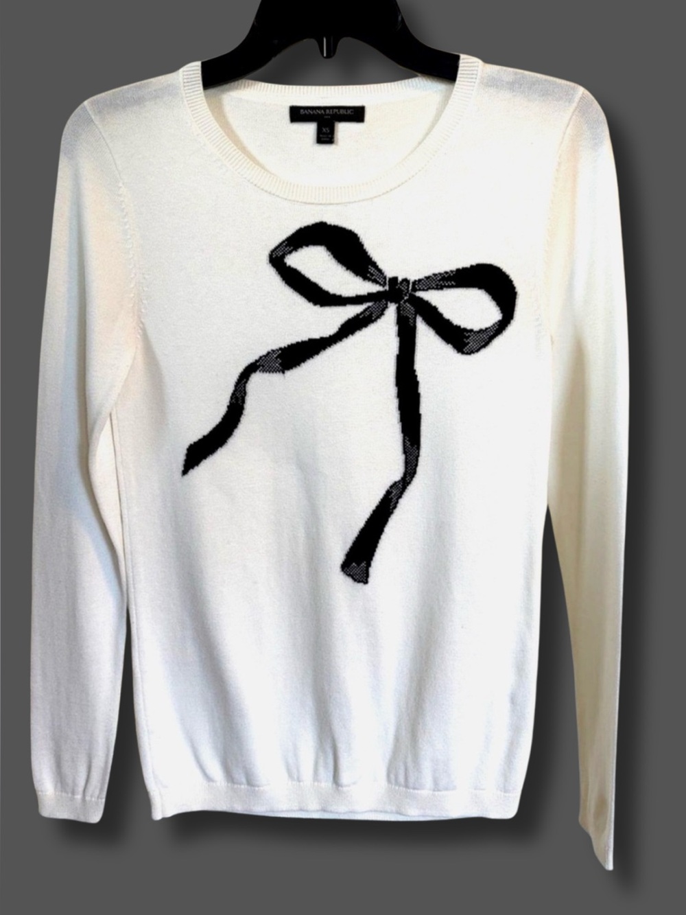 Banana Republic Bow Sweater XS Ivory Black Ribbon Graphic Holiday